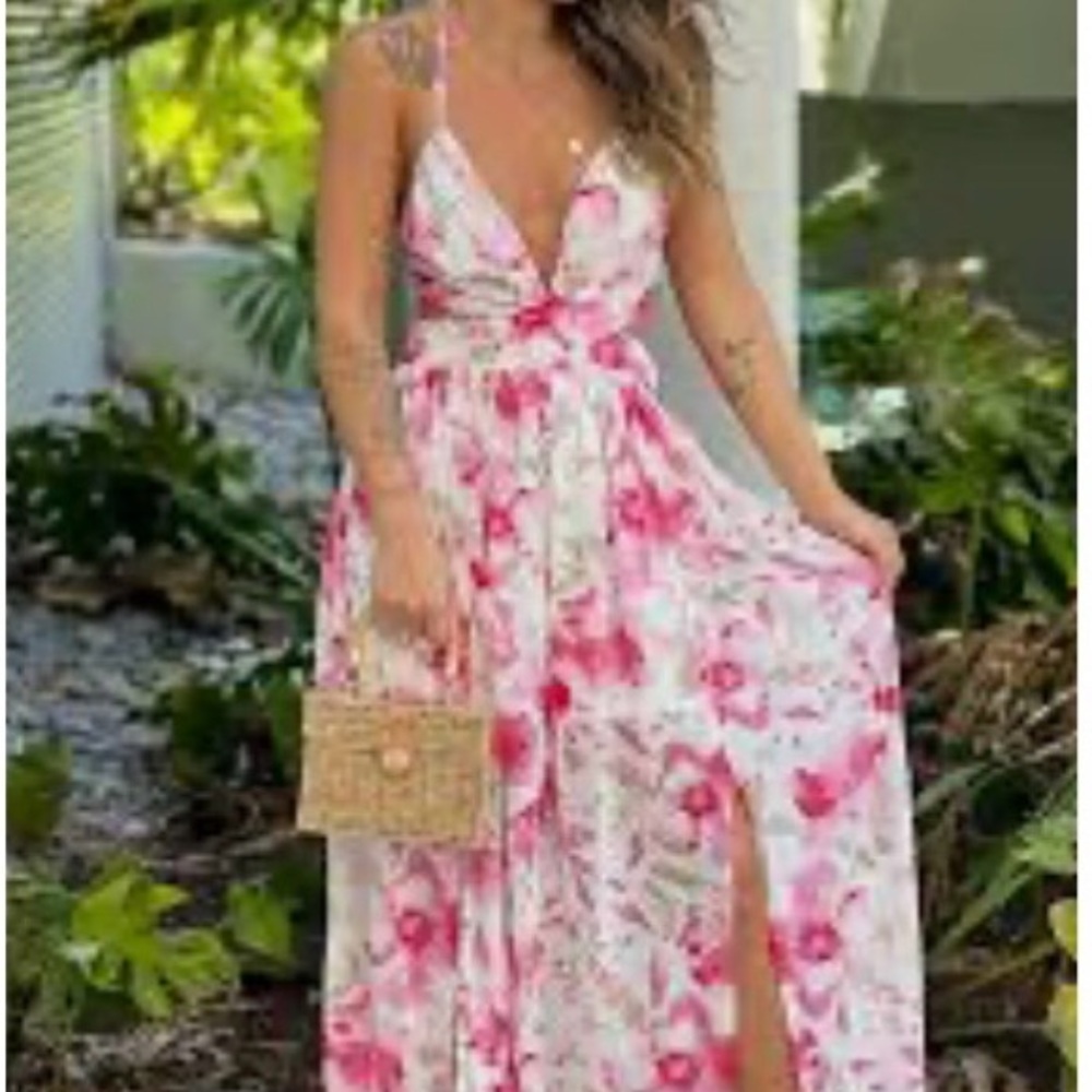 America & Beyond Floral Pink Maxi Dress with lace trim V-Neck and Side Slit